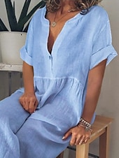 cheap Design Cotton &amp; Linen Dresses-Women&#039;s Maxi Dress Cotton Linen Dresses Casual Dress Basic Casual Vacation Daily Regular Fit Plain Short Sleeve V Neck Black White Purple Light Blue Summer