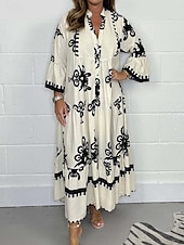 billige Uformelle blomsterkjoler-Dame Maxikjole Uformell kjole Boho elegante kjoler Boho-kjole Bohem Stilfull Fritid Feriereise Daglig Strand Løstsittende Grafisk 3/4 ermer V-hals Svart Rød Grønn Beige Sommer Vår