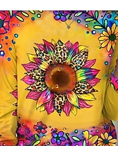 billiga Blommig t-shirt-Dam T-shirt Solros Årgång Ledigt Långärmad Rund hals Vanliga toppar Dagligen Mönster Gul Vår Höst