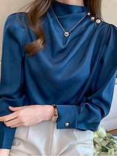 olcso Öltözetes felsők-Női Ing elegáns Elegáns Szatén Tömör szín Üzlet Modern Alkalmi Hosszú ujj Körgallér Normál felsők Munka Ünnepi viselet Gombok Fehér Medence Nyár Tavasz