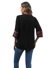 billige Boho topper-Dame Boho skjorte Elegant Bohem Daglig Helfarge Blomstret Vanlige topper 3/4 ermer 3/4-ermer V-hals Broderi Løstsittende Arbeid Daglig Ut på byen Svart Grønn Sommer