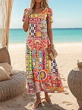 preiswerte Boho Kleider-Damen Maxi Kleid Lässiges Kleid Sommerkleid Shift Kleid Lässig Alltag Lockere Passform Florales Kurzarm Rundhalsausschnitt Orange Sommer