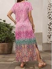 preiswerte Boho Kleider-Damen Maxi Kleid Freizeitkleid Strandkleid Shift Kleid Stilvoll Freizeit Drop Schulter Urlaub Alltag Reguläre Passform Farbverlauf Kurzarm V-Ausschnitt Pink Blau Lila Grün Frühling Herbst