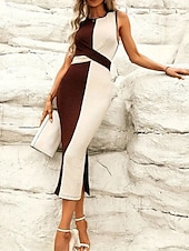 abordables Robes moulantes de soirée-Femme Robe mi-longue Robe en maille Robe casual Moulante Elégant Décontractées Vacances Travail du quotidien Standard Plein Sans Manches Col Ras du Cou Marron Eté