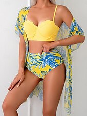 billiga Bikiniset i 3 delar-Dam Badkläder Bikini Tre delar Kaxig Baddräkt Öppen rygg Smal Hög midja Semester Standkläder Löv V-hals Ärmlös Baddräkter