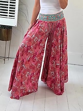 abordables pierna ancha y cintura alta-Mujer Perneras anchas Chinos Vacaciones Hawaiano Longitud total Alta cintura Cachemir Cintura elástica Estampado Confortable Suave Cómodo Microelástico Exterior Calle Rojo Verde Trébol Verano