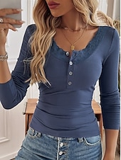 economico Top in Pizzo-Top in pizzo bianco elegante da donna camicetta di pizzo elegante solidale top regolari quotidiani maniche lunghe scollo a barca vestibilità regolare top romantici da indossare quotidianamente petite