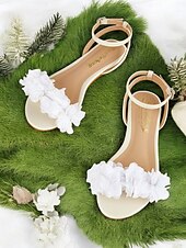 preiswerte Lässig-weiße, florale, offene, flache Sandalen mit Knöchelriemen für Damen – bequeme, lässige Sommerkleidung und Hochzeit