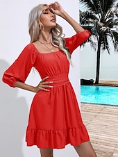 levne Květinové šaty-Valentýn Dámské Běžný Mini šaty Boho Chic šaty Áčkové šaty Čechy stylové Klasické Lucerna rukáv Dovolená Párty Denní Tvarovaný potah Bez vzoru Bez rukávů Hranatý Černá Bílá Světlá růžová Rubínov