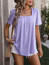 cheap T-shirts-Women&#039;s Boho T-shirt Plain Bohemia Stylish Basic Short Sleeve Puff Sleeve Square Neck Regular Tops Daily Going out Weekend Dressy Tunic Black White Light Green Pink Royal Blue Summer