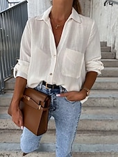 tanie Koszule-Damskie Koszula Koszule inspirowane lnem Zapiąć Bluzka Jednokolorowe Elegancki Codzienny Długi rękaw Kołnierzyk koszuli Zwykłe topy Codzienny Guziki Kieszeń Czarny Biały Brązowy Khaki Lato Wiosna