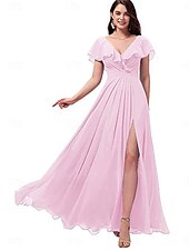 cheap Bridesmaid Dresses-A-Line Bridesmaid Dress V Neck Short Sleeve Elegant Floor Length Chiffon with Split Front 2022