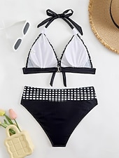 billige Bikinisett-Dame Badetøy Bikini 2 stk Frekk Badedrakt Åpen rygg Tynn Ferie Strand Klær Grafisk V-hals Ermeløs Badedrakter
