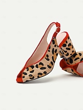 baratos sapatos slingback-Sapatos femininos de salto alto peep-toe com estampa de leopardo e acabamento vermelho e salto bloco para festas de estilo retrô e uso noturno