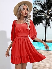 levne Květinové šaty-Valentýn Dámské Běžný Mini šaty Boho Chic šaty Áčkové šaty Čechy stylové Klasické Lucerna rukáv Dovolená Párty Denní Tvarovaný potah Bez vzoru Bez rukávů Hranatý Černá Bílá Světlá růžová Rubínov