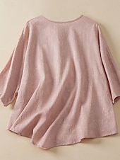 abordables Chemises-Femmes Chemise Chemisier Chemises en coton et lin Couleur Unie Basique Occasionnel Manche 3/4 Col ras du cou Hauts Réguliers Quotidien Boutons Rose Claire Bleu Été
