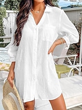 preiswerte Strandkleider-Damen Badeanzug Zudecken Schwimm-Kleid Bademode Knopf Tasche Urlaub Strandbekleidung Feste Farbe V Ausschnitt Langarm Badeanzüge