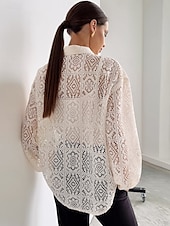 tanie Koronkowe topy-Damskie Koszula Koszula Boho Elegancja Długi rękaw Biskup Kołnierzyk koszuli Długie topy Codzienny Święto Oczko Beżowy Lato Wiosna Jesień