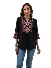 billige Boho topper-Dame Boho skjorte Elegant Bohem Daglig Helfarge Blomstret Vanlige topper 3/4 ermer 3/4-ermer V-hals Broderi Løstsittende Arbeid Daglig Ut på byen Svart Grønn Sommer