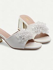 cheap Vacation Sandals-Women&#039;s Purple Slide Sandals with Pearl and Bead Embellishments – Fashionable Chunky Heel Mules for Casual Outings and Evening Events