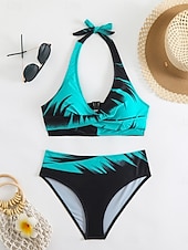 billiga Bikiniset-Dam Badkläder Bikini 2 st Kaxig Baddräkt Öppen rygg Smal Semester Standkläder Grafisk V-hals Ärmlös Baddräkter