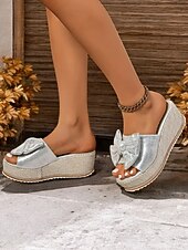 Недорогие Женские сандалии-босоножки на танкетке с золотистым металлическим бантом для женщин - гламурные босоножки на платформе для повседневных летних прогулок