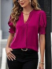 preiswerte Einfache Blusen-Damen Hemd Bluse Einfarbig Stilvoll Lässig Kurzarm Langarm V Ausschnitt Normale Oberteile Täglich Arbeit Ferien Schwarz Weiß Pudriges Rosa Orange Grün Sommer Frühling