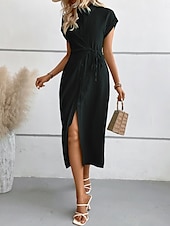 tanie Sukienki do biura-Damskie Sukienka midi Sukienka koszulowa Codzienne sukienki Sukienka kopertowa Elegancki Podstawowy Codzienny Urlop Codzienny Regularny Równina Krótki rękaw Kołnierzyk koszuli Czarny Zielony Lato