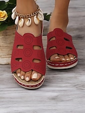 cheap Comfort Sandals-Women&#039;s Red Slip-On Sandals with Cut-Out Design, Comfortable Sole and Casual Style for Summer Wear and Daily Outings