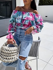 economico Top Grafici da Donna-Per donna Camicia Blusa Floreale A foglia Moda Informale Manica lunga Senza spalline Top regolari Giornaliero Con balze Stampa Giallo Rosa Viola Verde Estate Primavera