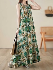 cheap Print Cotton &amp; Linen Dresses-Women&#039;s Maxi Dress Cotton Linen Dresses Casual Dress Boho Chic Dresses Tank Dress Bohemia Casual Boho Vacation Daily Beach Loose Fit Geometric Sleeveless Crew Neck Green Summer