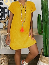 abordables concevoir des robes en coton et lin-Femmes Mini Robe Robes en coton et lin Robe Décontractée Basique Occasionnel Vacances Quotidien Coupe régulière Uni Manche Courte Encolure en V Noir Blanche Jaune Vert Véronèse Été