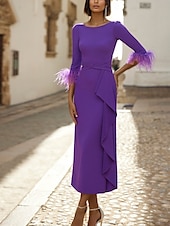 levne Koktejlové šaty-Šaty typu sheath  sloupec koktejlové elegantní šaty formální svatební kotníková délka 3/4 délka rukávu šperkový výstřih elastický krepa s peřím volány šaty