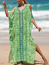 preiswerte Strandkleider-Damen Badeanzug Zudecken Schwimm-Kleid Bademode Patchwork Urlaub Strandbekleidung Blumen Graphic V Ausschnitt Kurze Ärmel Badeanzüge