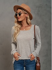 abordables Tops Sencillos para Mujeres-Mujer Sayo Remera de algodón Plano Bohemia Elegante Básico Manga Larga Manga Farol Escote Cuadrado Tops regulares Diario Deportes Noche Negro Rosa Morado Verde Trébol Caqui Primavera Otoño