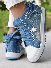 economico Sneakers da donna-sneakers alte in tela con lacci blu da donna con pannelli in rete ricamati, design a pois per abbigliamento casual e outdoor