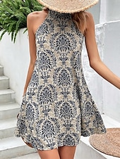 preiswerte Ausgefallene Kleider-Damen Minikleid Casual kleid Sommerkleid Boho-Kleid Elegant Hawaiianisch Stilvoll Urlaub Täglich Verabredung Regular Fit Blumen Ärmellos Halfterhals Khaki Sommer