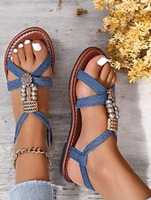 cheap Women&#039;s Sandals-Women&#039;s Black Bohemian Sandals with Beaded Embellishments, Cross Straps and Flat Sole for Summer Beachwear and Casual Outings