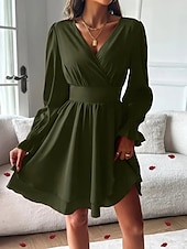 cheap Cocktail Dress-Women&#039;s Mini Dress Casual Dress A Line Dress Stylish Casual Vacation Daily Regular Fit Plain Long Sleeve V Neck Black Red Summer Spring