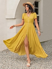 abordables Robes décontractées-Femme robe longue Robe casual Elégant Décontractées Standard Plein Manche Courte Col V Jaune Eté Automne