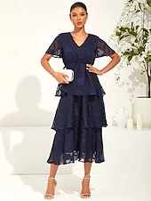 preiswerte Einfaches Kleid-Damen Maxidress A Linie Kleid Elegant Ausgefallene Flattrige Ärmel kleid hochzeitsgast Cocktailparty Regular Fit Glatt Kurzarm V Ausschnitt Dunkelblau Sommer