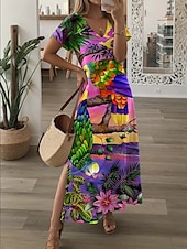 preiswerte Kunst &amp; Design Kleid-Damen Maxi Kleid Freizeitkleid T-Shirt Kleid Tee Kleid Strandkleid Hawaiian Drop Schulter Date Reguläre Passform Kurzarm Rundhalsausschnitt Gelb Lila Sommer