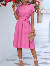 preiswerte Kleider für die Arbeit-Damen Midikleid blusenkleid Casual kleid A Linie Kleid Stilvoll Ausgefallene Arbeit Täglich Regular Fit Glatt Kurzarm Hemdkragen Rosa Grün Sommer Frühling