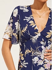 cheap Vacation Dresses-Women&#039;s Tea Length Chiffon Dress Elegant Flared Sleeve Vacation Daily Date Regular Fit Floral Short Sleeve V Neck Dark Blue Summer