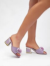 cheap Vacation Sandals-Women&#039;s Purple Slide Sandals with Pearl and Bead Embellishments – Fashionable Chunky Heel Mules for Casual Outings and Evening Events