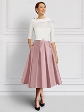 cheap Tea Length-A-Line Dress Mother of the Bride Dress Elegant Vintage Jewel Neck Tea Length Satin 3/4 Length Sleeve with Crystal Brooch Color Block Race Day Dress