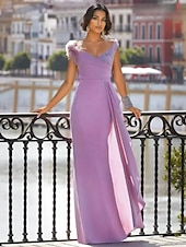 abordables violet-gaine / colonne robe de soirée robe élégante plage mariage mariage formel longueur au sol sans manches col en V mousseline de soie avec broderie de paillettes de plumes 2025