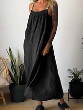preiswerte Kleider-Damen Maxikleid Baumwoll-Leinen-Kleider Freizeitkleid Basic Lässig Urlaub Täglich Normale Passform Einfach Ärmellos U-Ausschnitt Schwarz Weiß Blau Khaki Sommer