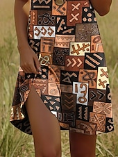 abordables Robes Boho-Femme Mini robe Mini-robe Robe t-shirt Robe d&#039;été Robe Trapèze Décontractées Vacances Casual du quotidien Standard Géométrique Manche Courte Col Ras du Cou Marron Eté Printemps Automne