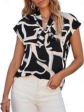 economico Top da Lavoro per Donne-Per donna Camicia Blusa Pop art Moda Informale Manica corta A V Top regolari Giornaliero Stampa Con fiocco Nero Bianco Estate